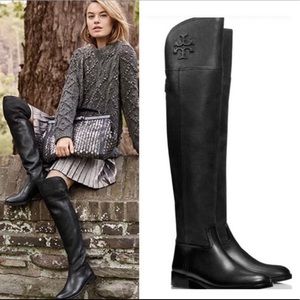 Authentic Tory Burch Simone over the knee boots logo black leather size …